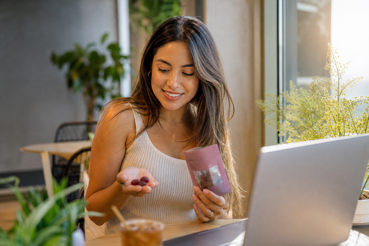 Woman at a sunlit desk with berry focus gummies during an afternoon work session
