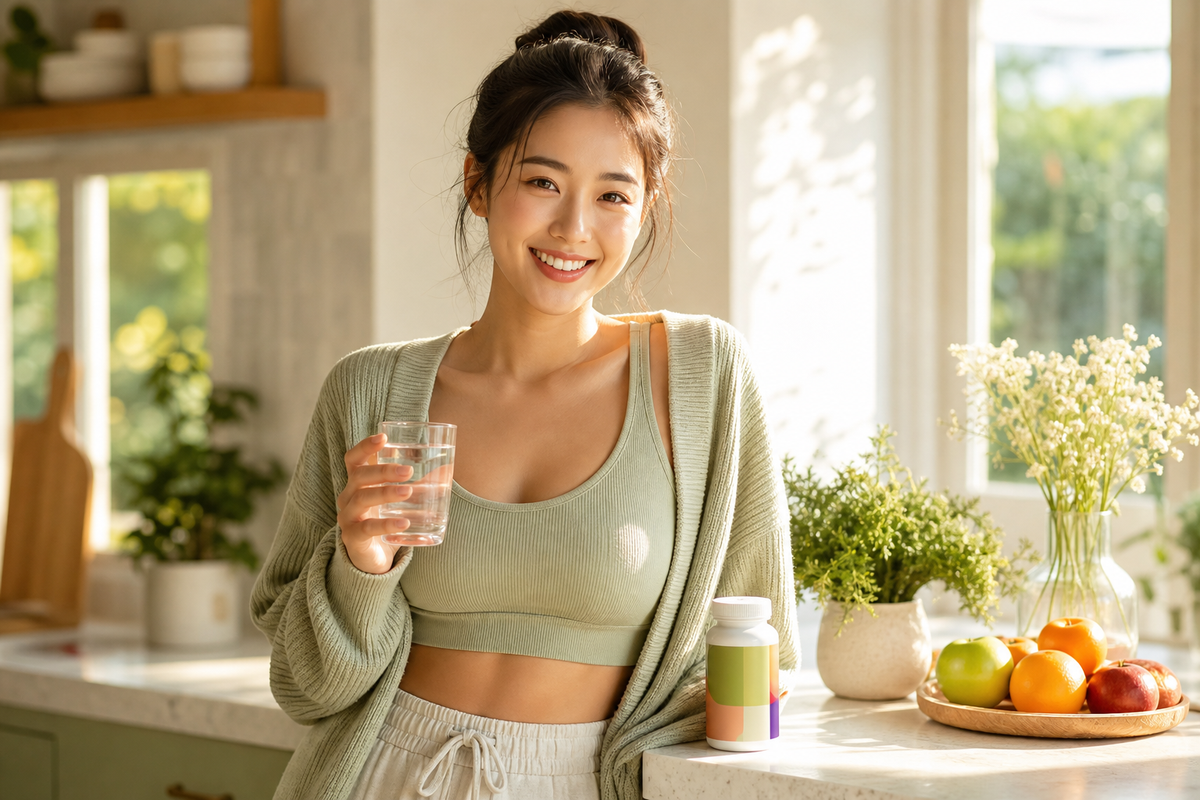 Woman in a bright kitchen starting her morning with a multivitamin and glass of water