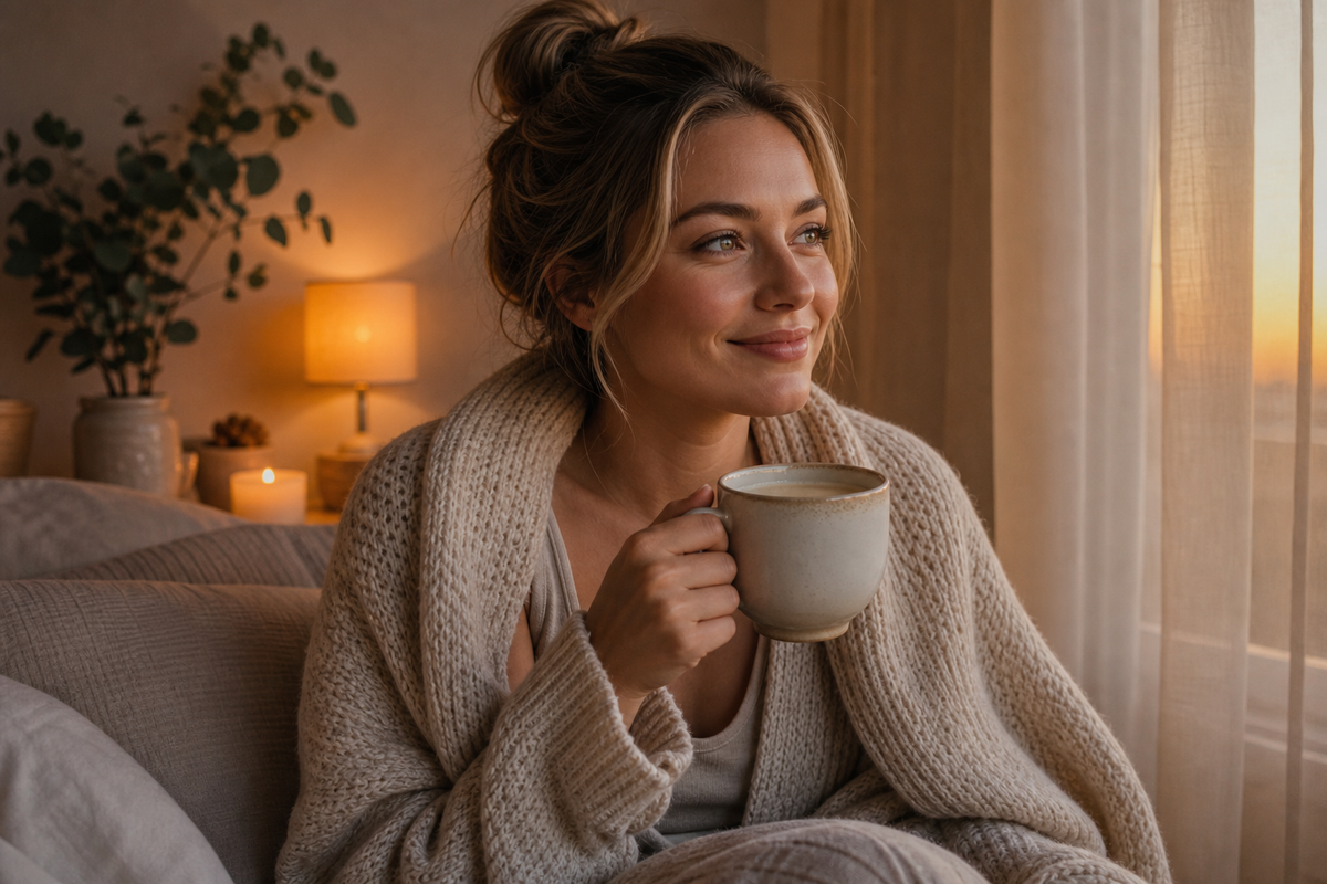 Woman winding down in the evening with a warm magnesium night drink